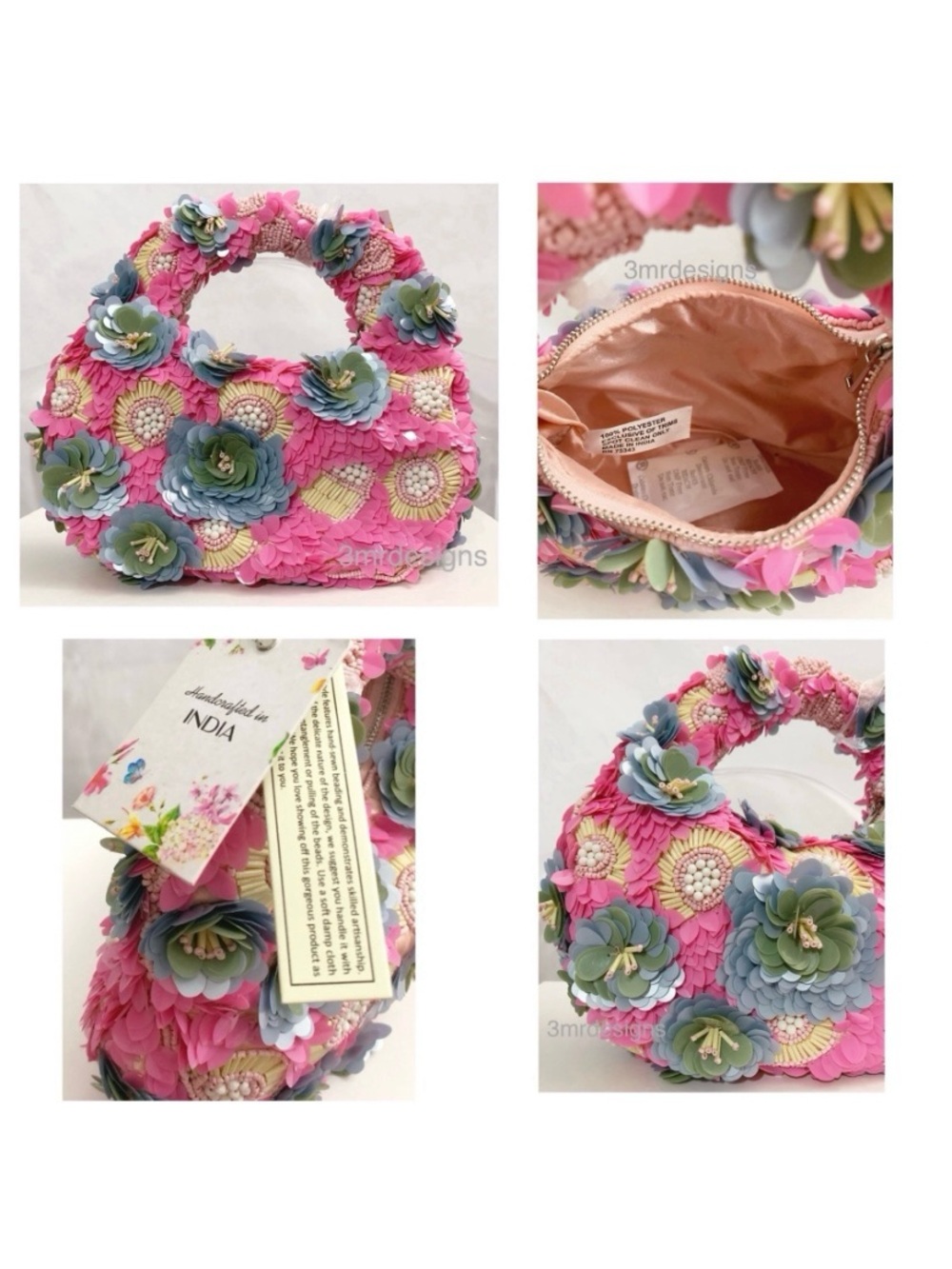 NWT HANDCRAFTED IN INDIA Pink Floral Garden 3D Appliqué Flowers Beaded Bag